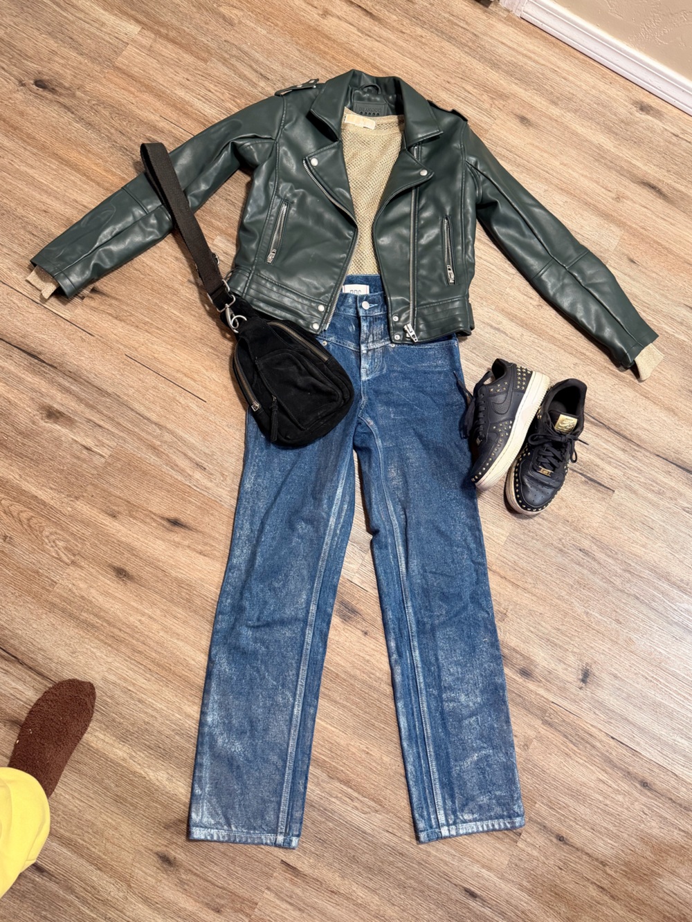 Blank NYC dark green vegan leather moto jacket